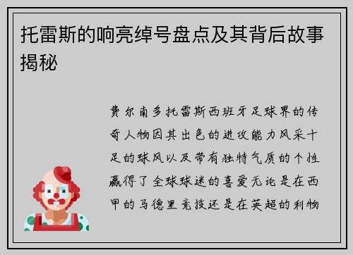托雷斯的响亮绰号盘点及其背后故事揭秘